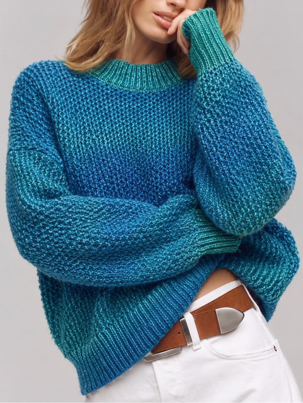 Grace + Karma Honeycomb Knit Sweater Mock Neck Gradient Blue Teal Size 1X